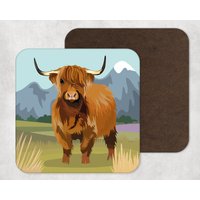 Illustrierte Kunst, Kunstwerk, Untersetzer, Landschaftsdruck, Highland Kuh, Helian Coo, Dekoration, Homewares, Quirky von KatePearsonDesign