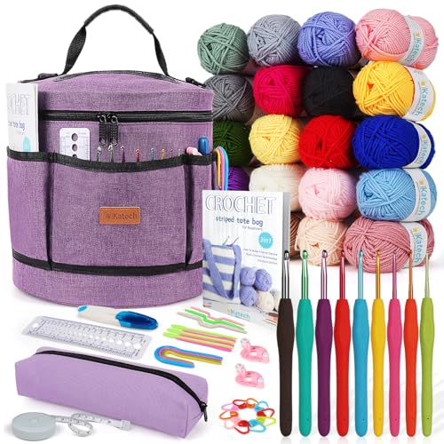 Katech Komplettes Häkelsets für Anfänger, Große Aufbewahrungstasche in Violett für Stricksets/Häkelzubehör & 9 Ergonomische Häkelnadeln 2,0-6,0mm & 20 Wolle zum Häkeln Stricken, Häkelbuch, Lila Katech Komplettes Häkelsets für Anfänger, Große Aufbewahrungstasche in Violett für Stricksets/Häkelzubehör & 9 Ergonomische Häkelnadeln 2,0-6,0mm & 20 Wolle zum Häkeln Stricken, Häkelbuch, Lila von Katech