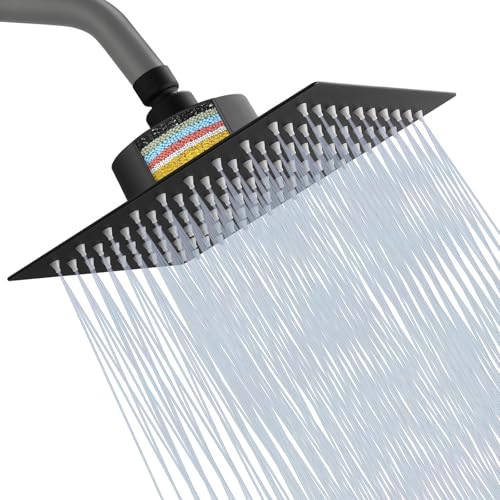 Katezon Duschkopf mit Filter, Hochdruck-Duschkopf mit Filter für Hartes Wasser, Entfernt Chlor und Schadstoffe, 20 cm Quadratischer Regenduschkopf (Mattschwarz) von Katezon
