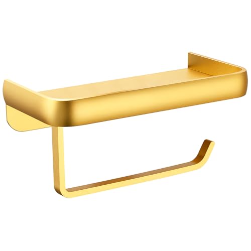 Katezon Toilettenpapierhalter mit Handyhalterung, Selbstklebender Oder Schraubbarer Toilettenpapierhalter zur Wandmontage, Rostfreier und Multifunktionaler Aluminium-Badezimmerspender (Gold) von Katezon