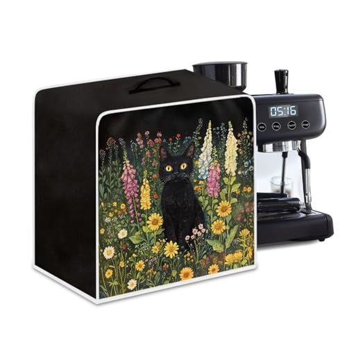 Kathyboom Kaffeemaschinen-Abdeckungen mit Griff oben, schwarze Katze, Blumendruck, waschbar, staubabweisend, resistent gegen Fingerabdrücke, Mixer, Staubschutz, kompatibel mit den meisten von Kathyboom