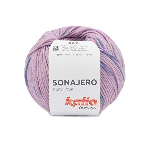 50g "Sonajero" - Farbe 211-Helllila-Blau-Türkis - Ein gesprenkeltes Garn mit Sprayeffekt für einfache und fröhliche Babykleidung von Katia