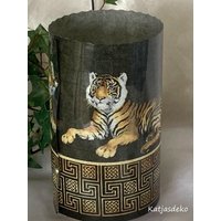 Runde Windlicht Tischdeko Wilde Tier Servietten Tiger Raubkatze Asien Schwarz/ Gold von Katjasdeko