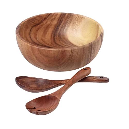 Katolang 3-teiliges Set Salatschüsseln, Holz-Salatschüssel-Set, Akazienholz-Servierschale für Obst, Salat, 20 cm Salatschüssel mit Löffelgabel, Braun von Katolang