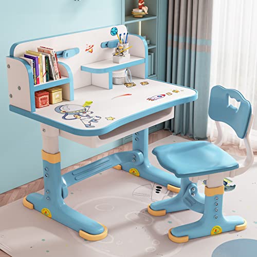 Schreibtisch- und Stuhl-Set für Kinder, blaues Schreibtisch-Set mit verstellbarer Höhe, Schubladen und Stauraum, Cartoon-Muster, Lerntische und Stühle für Kinder, Mädchen (blau) von Katolang