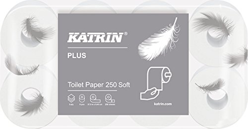 Katrin Toilettenpapier 3 lagig, Klopapier, WC Papier– Katrin Plus Toilet 250 SOFT – 9 x 8 Rollen, sehr weich, weiß von Katrin