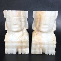 Geschnitzte Alabaster Marmor Onyx Stein Tiki Aztec Maya Buchstützen 5, 5 "x 3" von KatsVintageLife