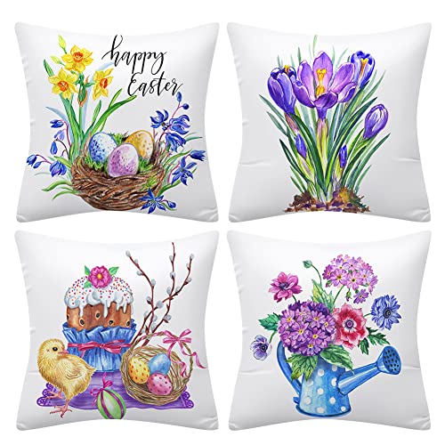 Katutude 4 Stück Kissenhülle Hase Kissenüberzug 45x45 cm Osterhase Kissenbezug Häschen Dekorativ Kissenhülle, Leinen Zierkissenbezüge Frühling Dekokissen für Sofa Schlafzimmer Wohnzimmer von Katutude