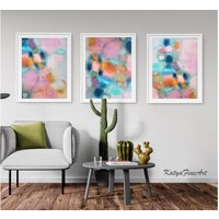 Triptychon Dreiteiliger Wand Kunstdruck, Abstrakte Malerei 3Er Set Multi Strafrahmen Moderne Dekor Türkis Rosa Pastell Poster Etsy Kunst Leinwand von KatyaFineArt