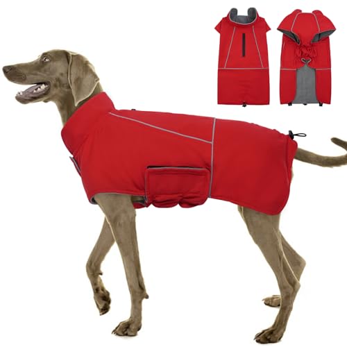 Katzinst Wasserdicht Hunderegenmantel für Große Hunde, Hundejacke Maschinen Waschbarer, Fleecefutter Hundejacke Reflektierender Streifen Dobermann Cheng Rot 3XL von Katzinst
