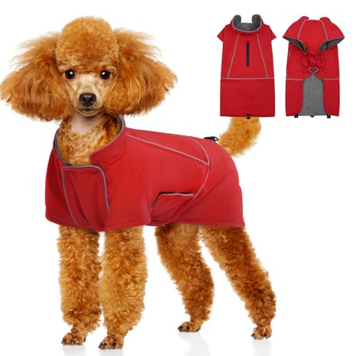 Katzinst Wasserdicht Hunderegenmantel für Mittelgroße Hunde, Hundejacke Maschinen Waschbarer, Fleecefutter Hundejacke Reflektierender Streifen Beagle Cheng Rot XL von Katzinst