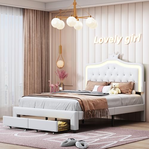 Kinderbett 90x200cm, Höhenverstellbares Kopfteil mit,Lattenrost Polsterbett für Mädchen Kronen Einzelbett mit LED Streifen, ohne Matratze, Rosa (140 * 200 Weiß) von Kauenie