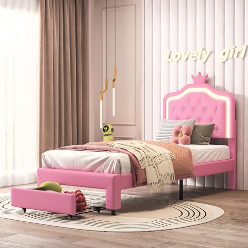 Kinderbett 90x200cm, Höhenverstellbares Kopfteil mit,Lattenrost Polsterbett für Mädchen Kronen Einzelbett mit LED Streifen, ohne Matratze, Rosa (90 * 200 Rosa) von Kauenie