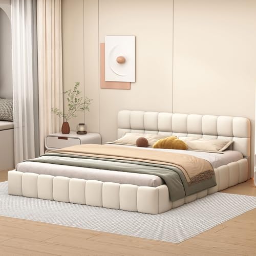 Polsterbett 160x200 Doppelbett Leinen Bubble Bett für Erwachsene Jugendliche Gäste Jugendbett Flachbett mit Lattenrost und Kopfteil Ohne Matratze (Beige, 160 * 200) von Kauenie