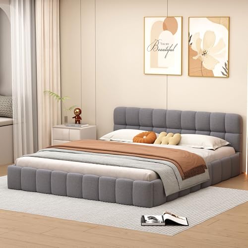 Polsterbett 160x200 Doppelbett Leinen Bubble Bett für Erwachsene Jugendliche Gäste Jugendbett Flachbett mit Lattenrost und Kopfteil Ohne Matratze (Grau, 160 * 200) von Kauenie