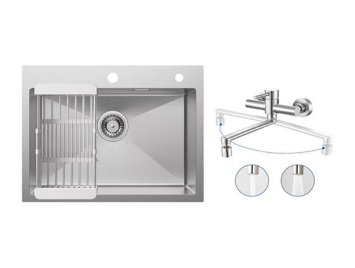 1 Becken Küchenspüle 60×45×18CM Spüle aus gebürstetem Edelstahl mit Abflusskorb + wandmontierte Küchenmischbatterie mit 2 gebürsteten Düsen von Kauf-Unique Marketplace