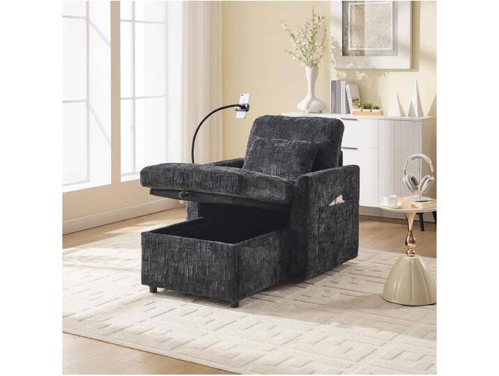 1-Sitzer-Sofa mit 2 Seitentaschen – Wohnzimmersofa mit Telefonhalter und verstecktem Stauraum – Schwarzes Chenille 1-Sitzer-Sofa mit 2 Seitentaschen – Wohnzimmersofa mit Telefonhalter und verstecktem Stauraum – Schwarzes Chenille von Kauf-Unique Marketplace