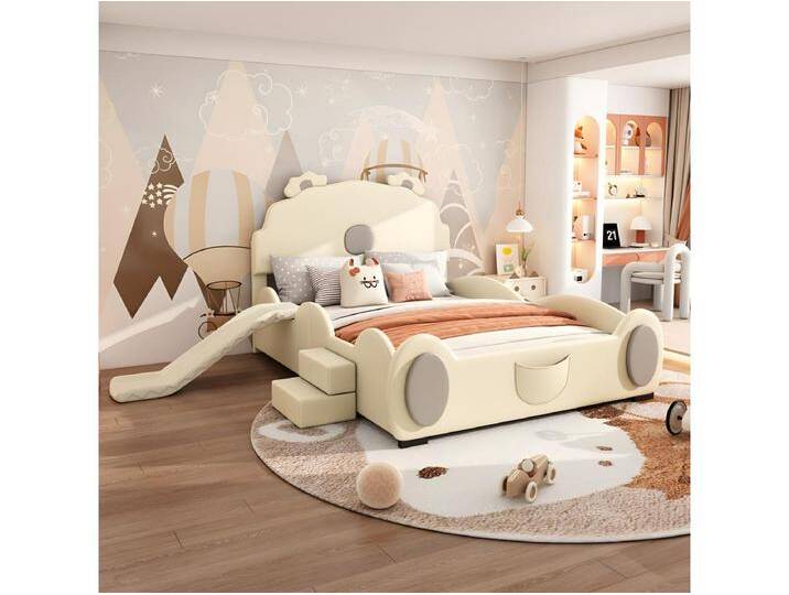 140*200cm Cartoon Bett, Kinderbett, Bärenbett, ausgestattet mit Rutsche und Leiter, PU Material, leicht zu reinigen, niedliche Form, Beige von Kauf-Unique Marketplace