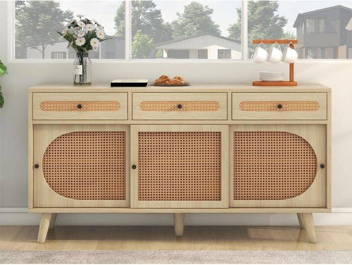 140 cm großes Sideboard mit 3 Schiebetüren aus Rattan und 3 Schubladen – verstellbare Innenregale – Natur von Kauf-Unique Marketplace