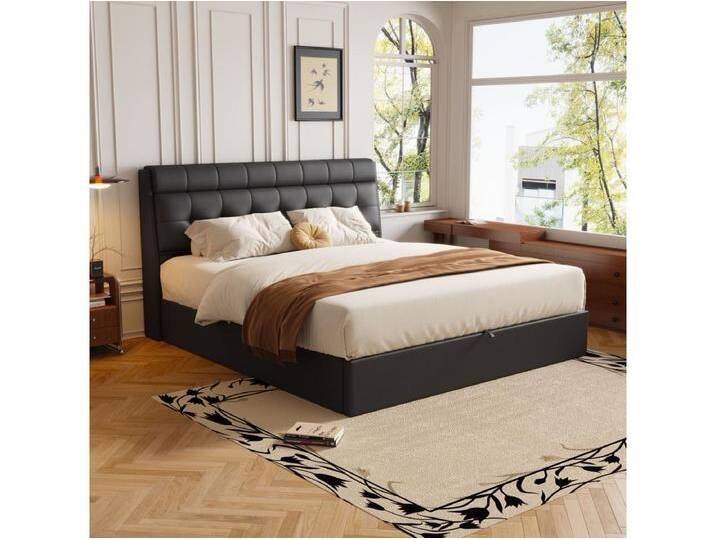 140 x 190 cm Bett mit Stauraum-Kopfteil - LEDs - PU-Leder - Schwarz (ohne Matratze) von Kauf-Unique Marketplace