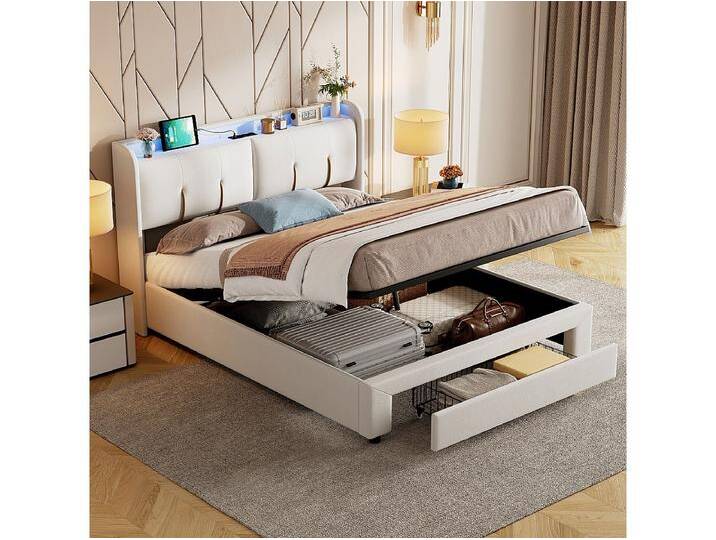 140 x 200 cm Bett mit Stauraum, LED, Lattenrost, USB Typ-C, weißer Samtbezug 140 x 200 cm Bett mit Stauraum, LED, Lattenrost, USB Typ-C, weißer Samtbezug von Kauf-Unique Marketplace
