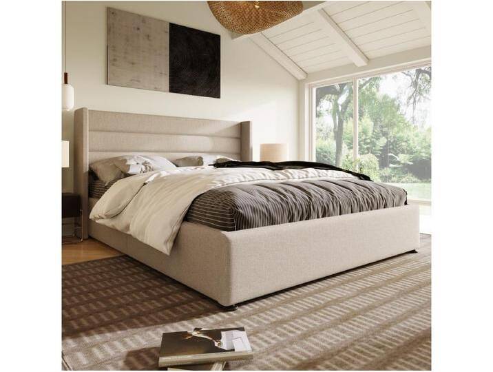 140 x 200 cm Bett mit Stauraum – Beiges Leinen – Bett mit gepolstertem Kopfteil und Lattenrost – Ohne Matratze von Kauf-Unique Marketplace