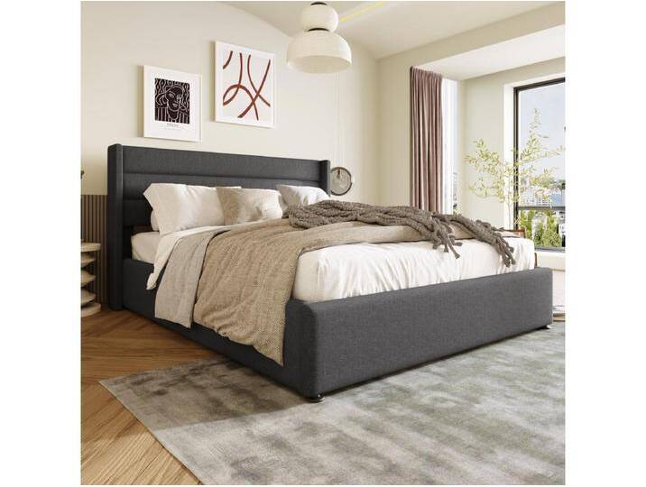 140 x 200 cm Bett mit Stauraum – Graues Leinen – Bett mit gepolstertem Kopfteil und Lattenrost – Ohne Matratze von Kauf-Unique Marketplace