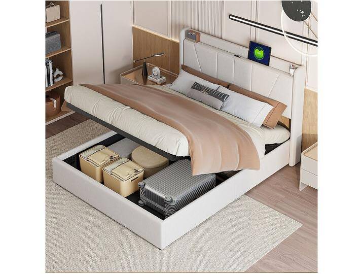 140 x 200 cm Bett mit Stauraum und USB-Anschluss aus Leinenstoff – Kopfteil und Lattenrost – Beige 140 x 200 cm Bett mit Stauraum und USB-Anschluss aus Leinenstoff – Kopfteil und Lattenrost – Beige von Kauf-Unique Marketplace