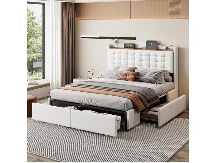 140 x 200 cm Polsterbett mit 4 Schubladen und USB-Ladefunktion - Leinenstoff - für Erwachsene - Beige von Kauf-Unique Marketplace
