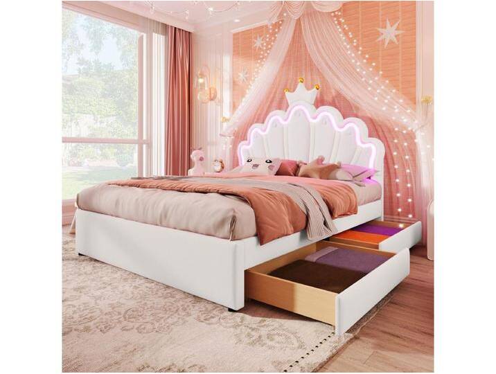 140 x 200 cm Polsterbett mit verstellbarem Kronenkopfteil und 2 Schubladen - LEDs - PU-Leder - Weiß (ohne Matratze) von Kauf-Unique Marketplace