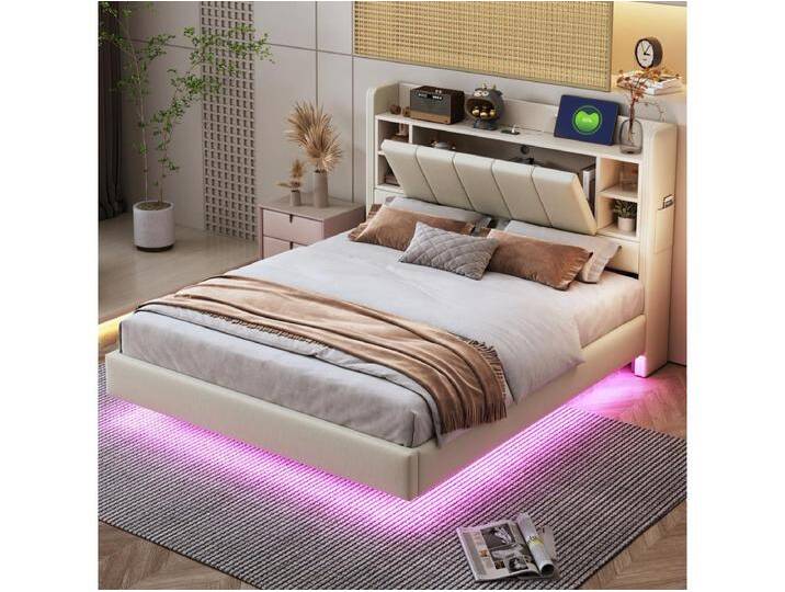 140 x 200 cm Polsterbett mit wendbarem Kopfteil und Stauraum - USB-Steckdose und LEDs - Leinenstoff - Beige von Kauf-Unique Marketplace