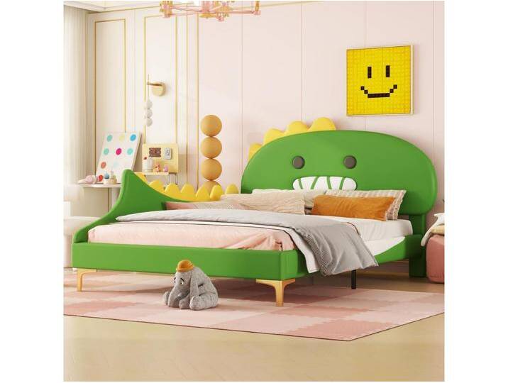 140 x 200 cm großes Bett, Kinderbett in Cartoon-Dinosaurier-Form, flaches Bett mit Lattenrost und Kopfteil, PU-Material, grau von Kauf-Unique Marketplace