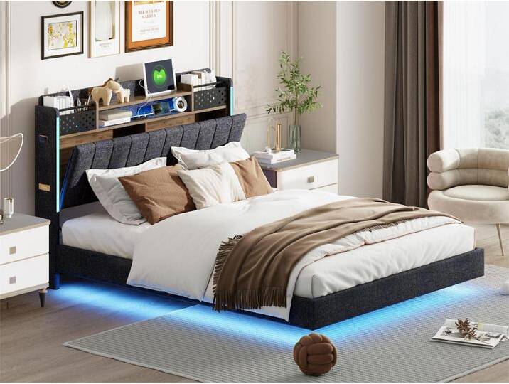 140 x 200 cm großes Bett aus Leinenstoff – mit USB-Anschluss und Lattenrost – Grau von Kauf-Unique Marketplace