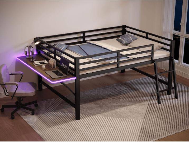 140 x 200 cm großes Hochbett aus Metall mit LED – mit ausklappbarem Schreibtisch und Lattenrost – Schwarz von Kauf-Unique Marketplace