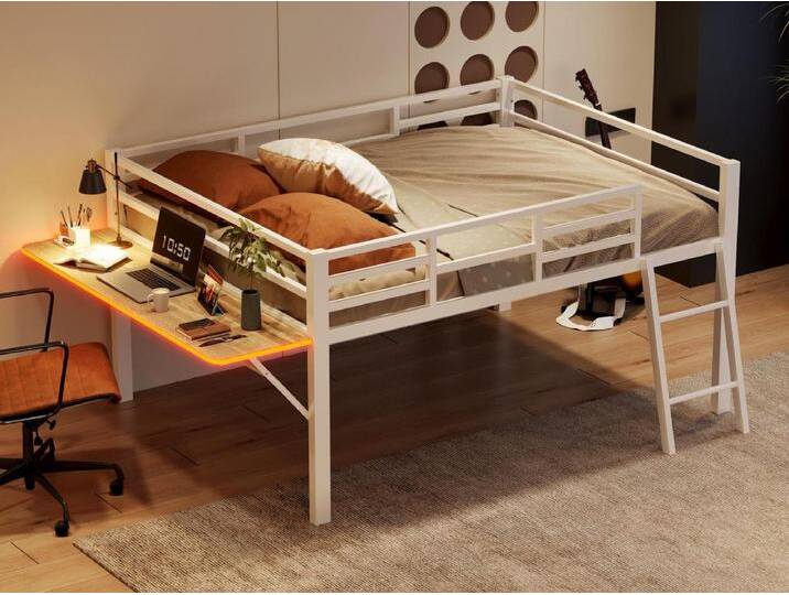 140 x 200 cm großes Hochbett aus Metall mit LED – mit ausklappbarem Schreibtisch und Lattenrost – Weiß von Kauf-Unique Marketplace