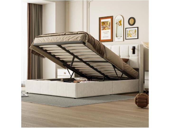 140x200 cm Stauraumbett mit Lattenrost, Polsterbett mit USB- und Typ-C-Anschluss, LED, Samt, Beige von Kauf-Unique Marketplace