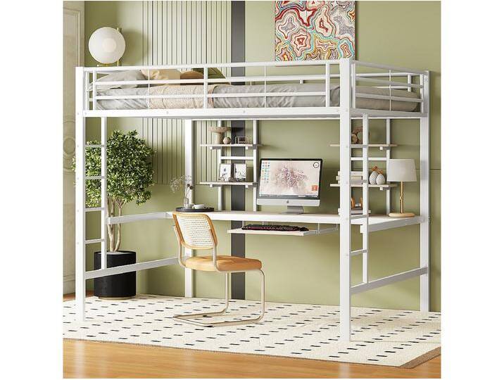 140x200 cm weißes Metall-Hochbett – Mit Schreibtisch und zwei Regalen, für Kinder und Erwachsene von Kauf-Unique Marketplace