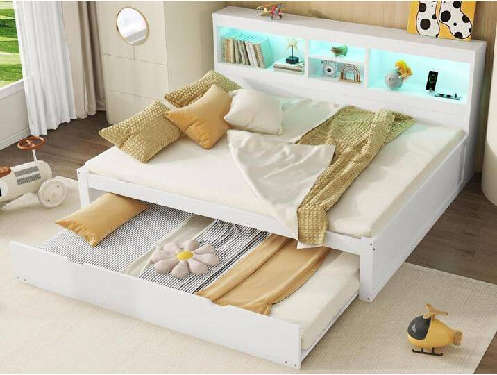 140x200cm Tagesbett mit einem 90x190cm Ausziehbett - Nachttisch mit Stauraum, LED und Steckdosen - Weiß von Kauf-Unique Marketplace