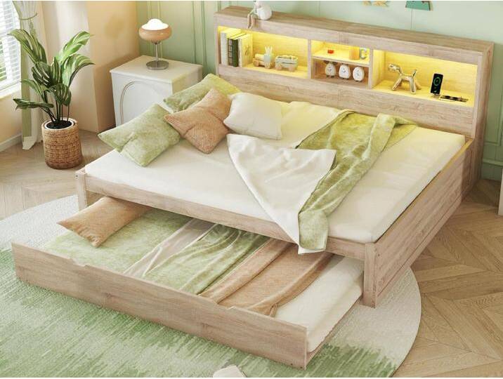 140x200cm Tagesbett mit einem 90x190cm Ausziehbett - Stauraum-Nachttisch mit LED und Steckdosen - Natruel von Kauf-Unique Marketplace