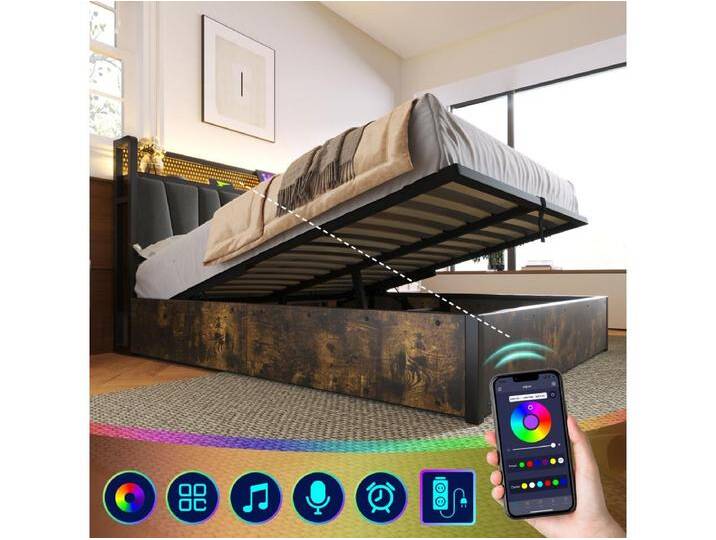 140x200cm graues weiches Kissenbett Metallbett LED Anwendungssteuerung Kopfteil Doppelbett, mit USB-Ladefunktion und LED-Beleuchtung (keine Matratze) von Kauf-Unique Marketplace