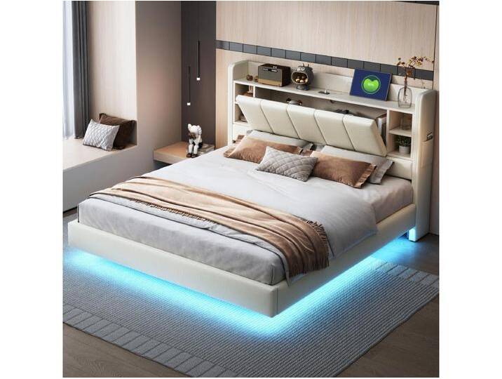 160 x 200 cm Polsterbett mit wendbarem Kopfteil und Stauraum - USB-Steckdose und LEDs - Leinenstoff - Beige von Kauf-Unique Marketplace