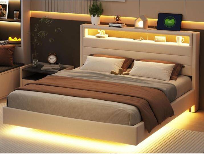160 x 200 cm gepolstertes Bett aus Leinenstoff – mit USB- und LED-Steckdose – umkehrbares Kopfteil – Beige von Kauf-Unique Marketplace