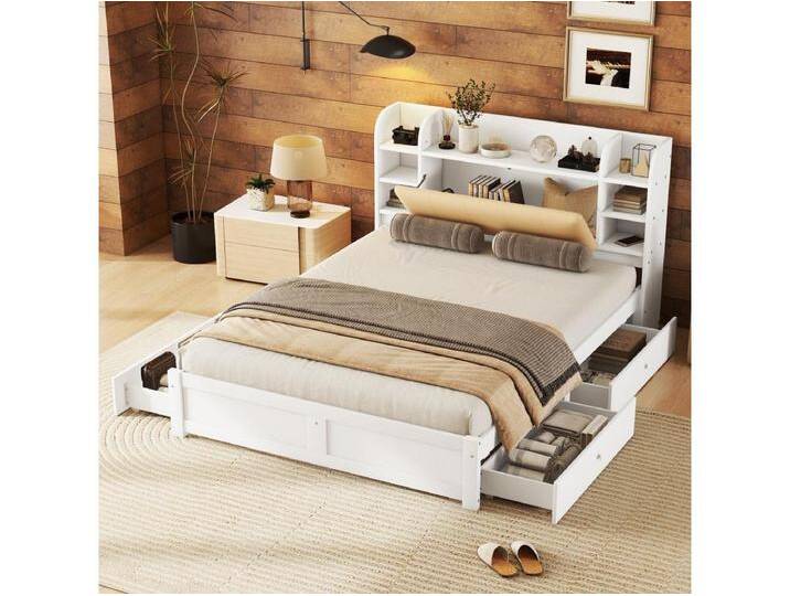 160 x 200 cm großes Bett mit Stauraum am Kopfteil und 4 Schubladen – MDF-Holz – moderner Stil – weiß 160 x 200 cm großes Bett mit Stauraum am Kopfteil und 4 Schubladen – MDF-Holz – moderner Stil – weiß von Kauf-Unique Marketplace
