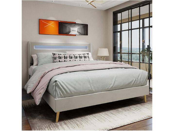 160 x 200 cm großes Doppelbett mit LED-Beleuchtung und gepolstertem Kopfteil – beiger Samt (ohne Matratze) von Kauf-Unique Marketplace