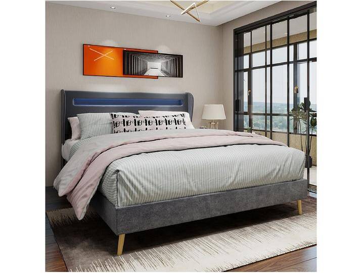 160 x 200 cm großes Doppelbett mit LED-Beleuchtung und gepolstertem Kopfteil – grauer Samt (ohne Matratze) von Kauf-Unique Marketplace