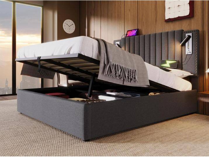 160 x 200 cm großes Stauraumbett aus Baumwollstoff – mit Leselampen und USB-Ladeanschlüssen – mit Lattenrost – Grau 160 x 200 cm großes Stauraumbett aus Baumwollstoff – mit Leselampen und USB-Ladeanschlüssen – mit Lattenrost – Grau von Kauf-Unique Marketplace