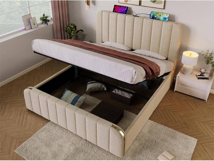 160 x 200 cm großes Stauraumbett aus Leinenstoff – mit USB- und Typ-C-Aufladung – verziert mit goldenen Streifen – Beige von Kauf-Unique Marketplace
