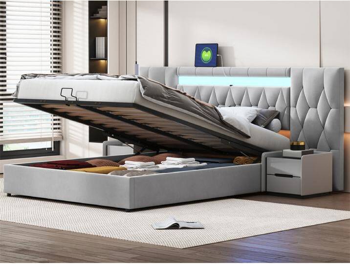 160 x 200 cm großes Stauraumbett aus Samt – mit LED und USB-Anschluss – Grau von Kauf-Unique Marketplace