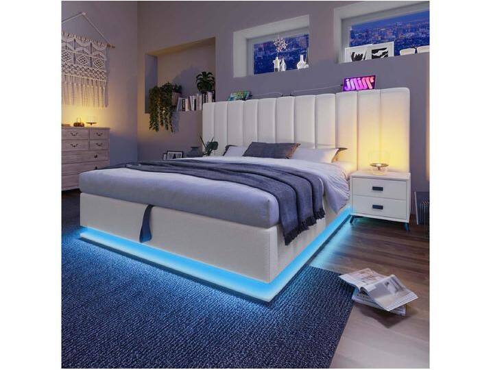 160 x 200 gepolstertes Doppelbett mit LED-Steuerung und USB-C-Ladefunktion, PU, weiß, ohne Kopfteil von Kauf-Unique Marketplace