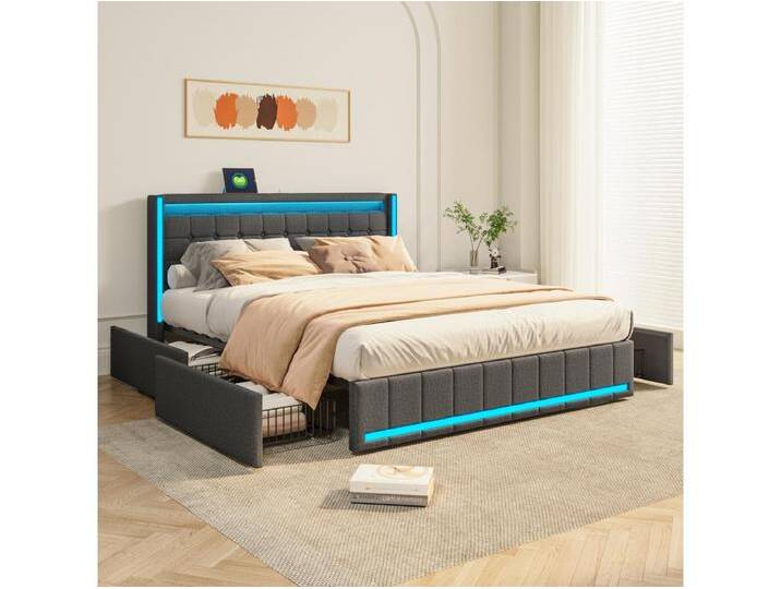 160x200 Bett mit LED und USB-Basis, 140x200 Stauraumbett mit Lattenrost und 4 Schubladen, Grau von Kauf-Unique Marketplace